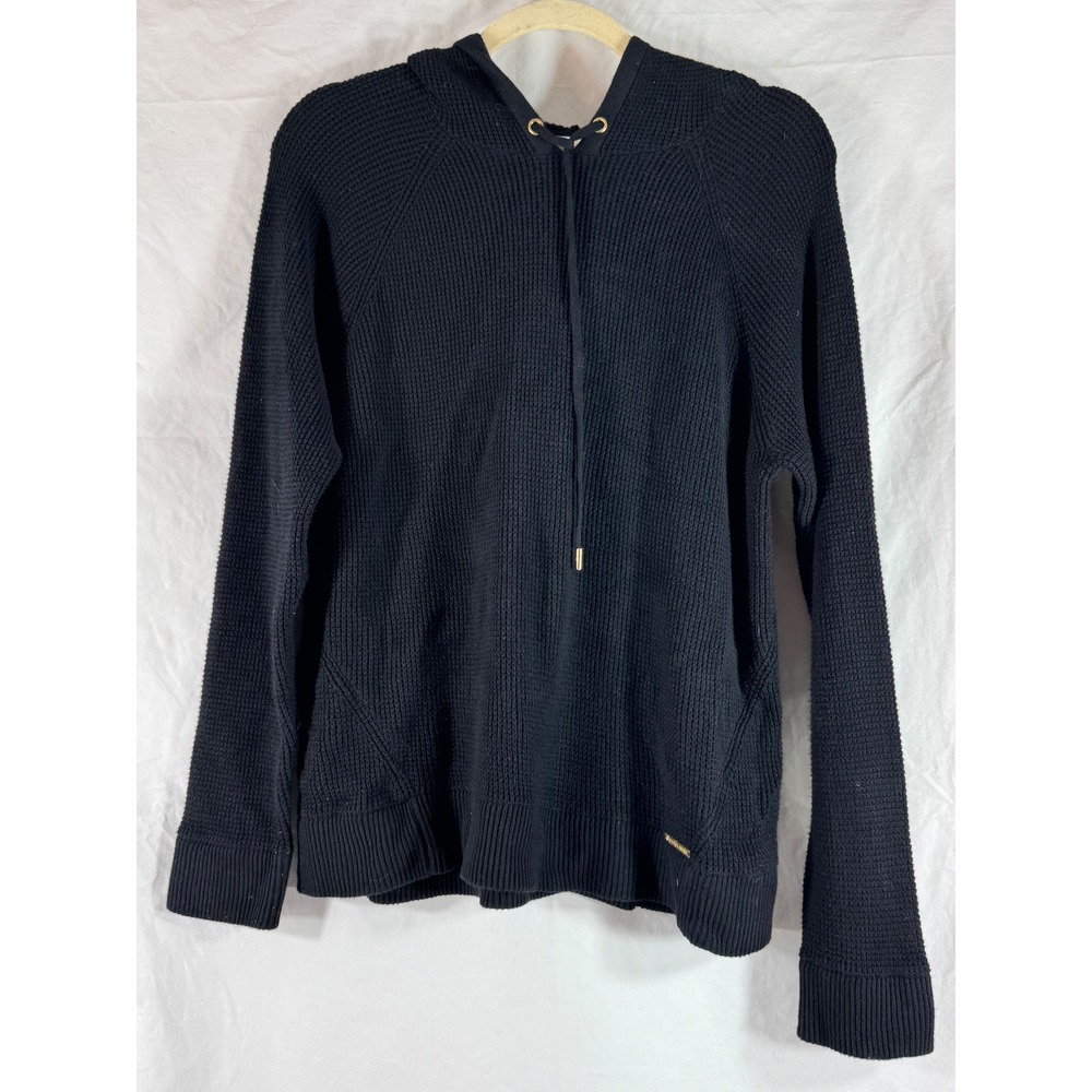Michael Kors Womens Black Waffle Knit Hoodie Gold Hardware Logo Plaque Large NEW